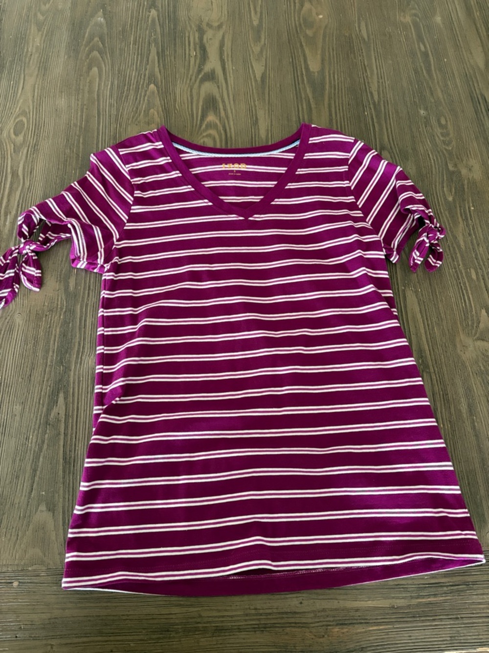 Izod Magenta and White Striped V-Neck Tie-Sleeve Top